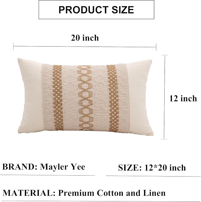 Lumbar Throw Pillow Covers Set of 1 (Brown & Beige, 12x20 Inch) | Linen Cotton Soft Cozy, Decorative Sofa Couch Pillow Cases, Textured Woven Single Striped, Boho Sytle for Living Room