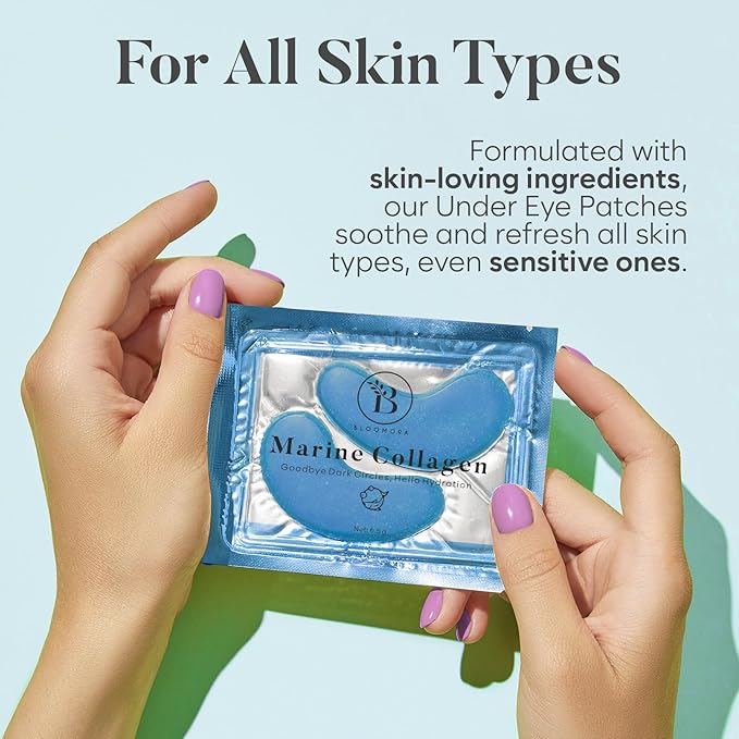 BLOOMORA Marine Collagen Under Eye Patches (30 PAIRS), For Puffy Eyes and Dark Circles, Under Eye Mask with Hyaluronic Acid & Collagen, Deeply Hydrating Formula, Patch Yeux