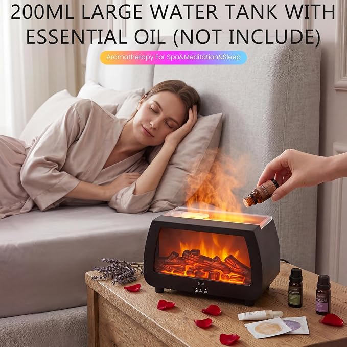 Flame Effect Humidifier, Fireplace Diffuser with Remote & Timer | 200ml quiet humidifier with RGB flame lights & sound pickup. Creates cozy fireplace ambiance for home, bedroom, and office.