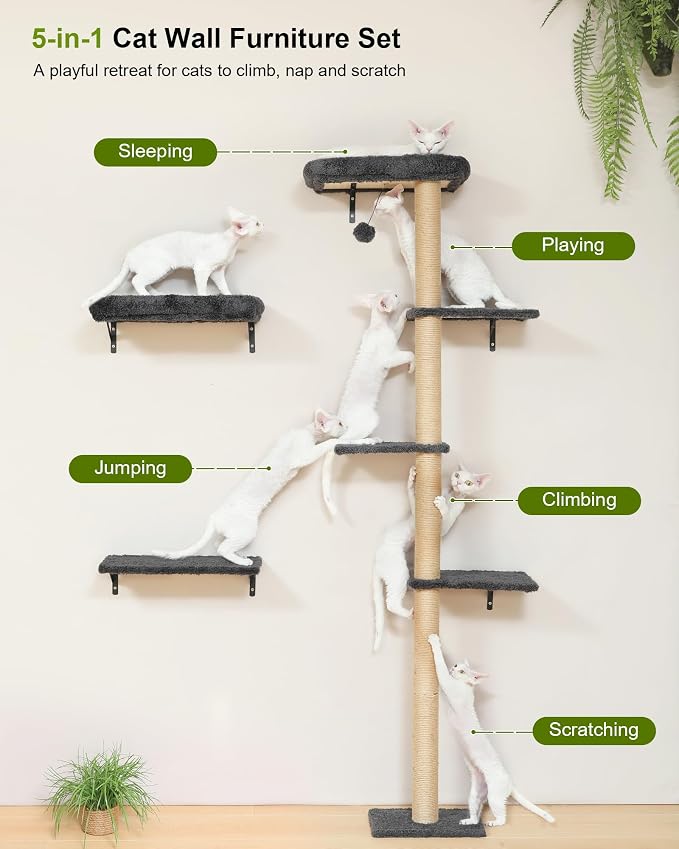 FUKUMARU Cat Wall Shelves Set, 70 inch Wall Mounted Tree, Grey | Kitten Scratching Post with Soft Cushion Perch, Space Saving Climbing Wall Furniture for 16 Inch Drywall