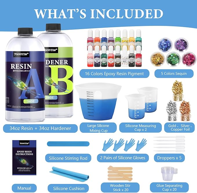 68OZ Crystal Clear Epoxy Resin Kit, High-Glossy& No Bubbles, Art & Casting Resin with 16 Epoxy Resin Pigment, Foil Flakes, Sequin,Craft Clear Resin for Art Crafts, Jewelry, Molds