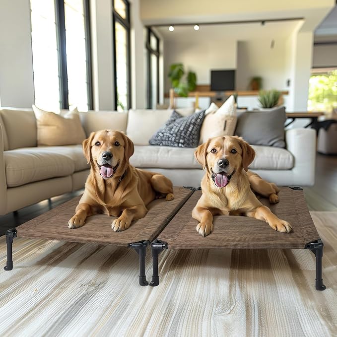 Veehoo 2 Pack Outdoor Elevated Dog Bed for Large Dogs, Cooling Raised Cots | Off-ground training platform, portable camping hammock, breathable mesh, easy to clean, no-tool setup, 42"x30", Brown