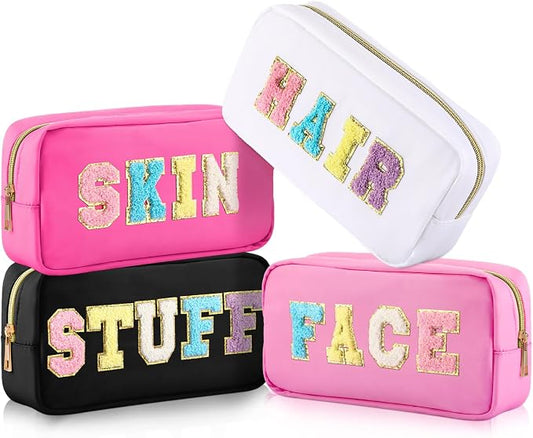 Preppy Makeup Bags Chenille Letter Stuff Bag Nylon Cosmetic Pouch Cases with Zipper for Women Travel Toiletry(Cute Color,Vivid,4 Pcs)