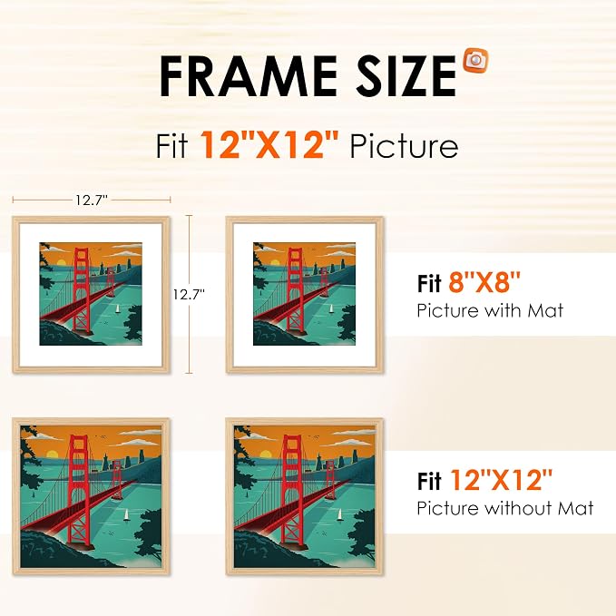 12x12 Picture Frame Natural Set of 2, Photo Frame with HD Plexiglass, Display Pictures 8x8 with Mat or 11x17 Without Mat, Gold Picture Frames Collage Wall Decor, Gallary Wall Frame