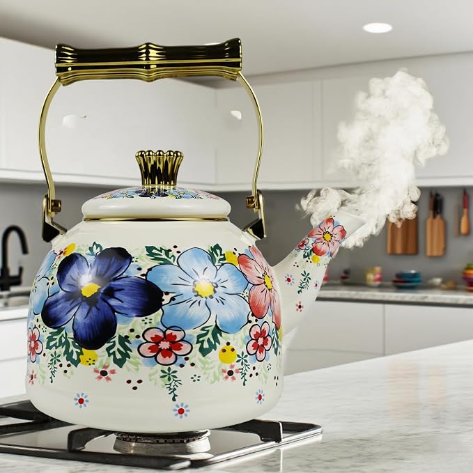 Floral Enamel Tea Kettle Bohemian Blue Flowers Stovetop Teapot 2.5L Coffee Hot Water Kettles with Gold Handle Vintage Kitchen Decor Christmas Gift