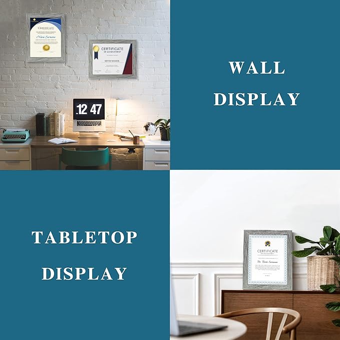 Hongkee 8.5 x 11 Picture Frame Set of 4, Made of Real Glass and Grey Certificate & Diploma Frame, 8.5 by 11 Photo for Wall or Tabletop - Display Picture 6x8 with Mat or 8.5x11 Without Mat