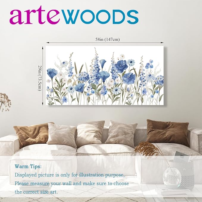 arteWOODS Elegant Flowers Wall Art - Blue White Botanical Pictures for Wall Decor Floral Blossom Canvas Painting Print Artwork for Living Room Bedroom Home Office Wall Decoration 29" x 58"