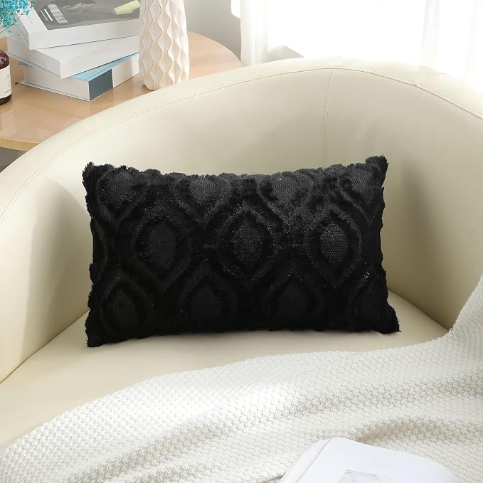 decorUhome Faux Fur Plush Soft Black Throw Pillow Covers 12x20 Set of 2 | Wool Solid Fall Couch Pillow Covers, Accent Modern Farmhouse Neutral Decorative Square Pillow Cases for Sofa Bed Living Room