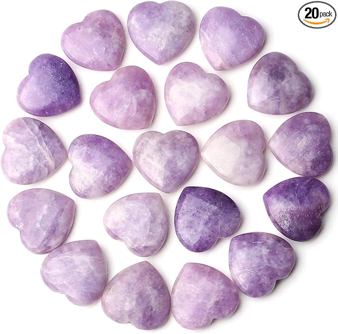 QINJIEJIE 20PCS Lepidolite Heart Stones Crystals Bulk Love Shaped Worry Stone Heart Rock Pocket Polished Palm Gems Crystal Reiki Balancing Wholesale Carved Stone Decor Gift
