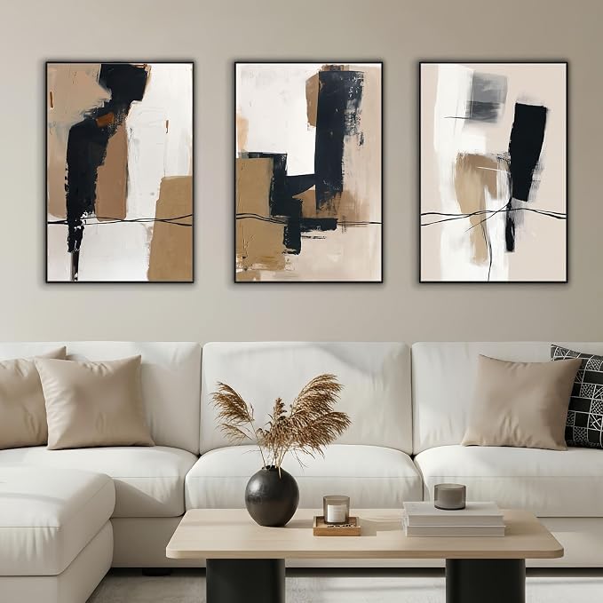SAFERRYHOME Neutral Abstract Black and Tan Brown Wall Art Set of 3, 16"x24" | Black and Tan Brown Framed Canvas Print Set,Mid-Century Modern Brown Minimalist Shapes for Living Room Bedroom Office Hallway