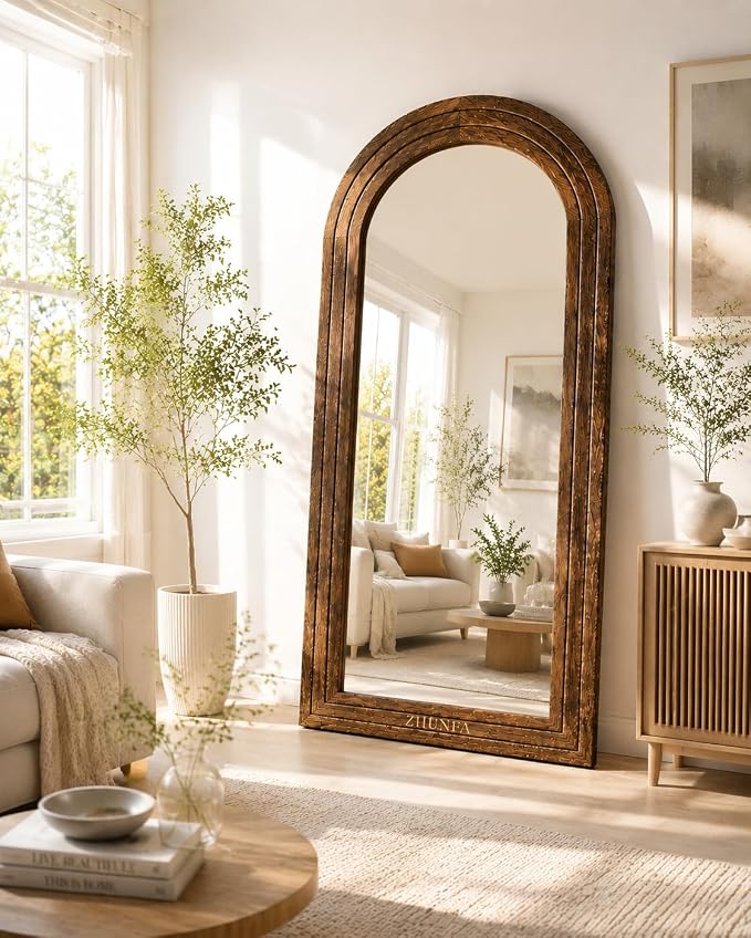 ZHUNFA Arched Full Length Mirror with Solid Wood Frame, 65x22, Brown | Farmhouse Wall Mounted Floor Mirror with Stand, Vertical Hanging, Leaning Standing for Bedroom, Living Room