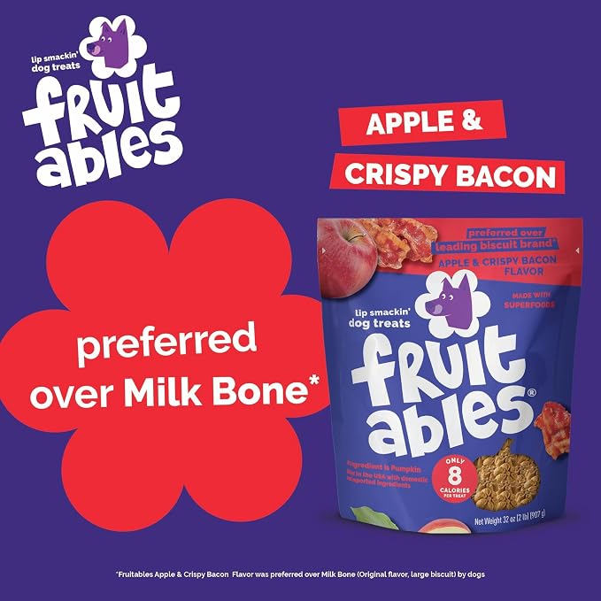 Fruitables Baked Dog Treats, Healthy Pumpkin Treat for Dogs, Low Calorie & Delicious, Made Without Wheat, Corn and Soy, Made in the USA, Allergy Friendly, Crispy Bacon and Apple Flavor, 32 oz