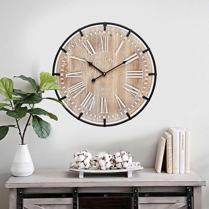 EMAX HOME 20 Inch Large Farmhouse Wall Clock, Rustic Antique Wood with Metal Circle and Large Engraved Numerals, Silent Battery Operated Wall Clock for Office Kitchen Bedroom Living Room