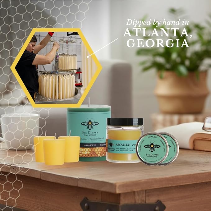 Big Dipper Wax Works Beeswax Aromatherapy Candle Tin – Awaken, Grapefruit & Spruce Scented, Small 1.5” x 1” Tin – 12-Hour Burn, Pure Essential Oils, Clean-Burning & Eco-Friendly