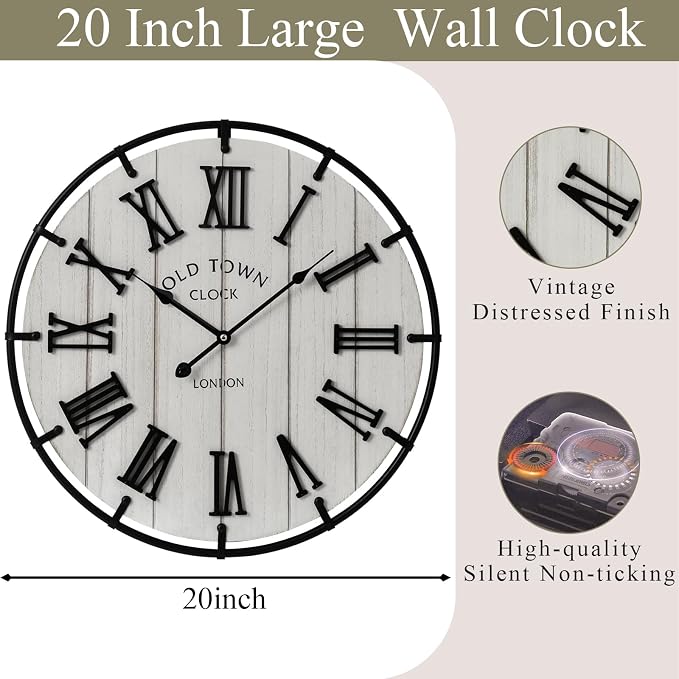 EMAX HOME Large 20 Inch Farmhouse Wall Clock, Distressed White Wood Grain Dial with Heavy Duty Black Metal Frame, Silent Non-Ticking Sweep Movement for Living Room, Bedroom, Kitchen or Entryway