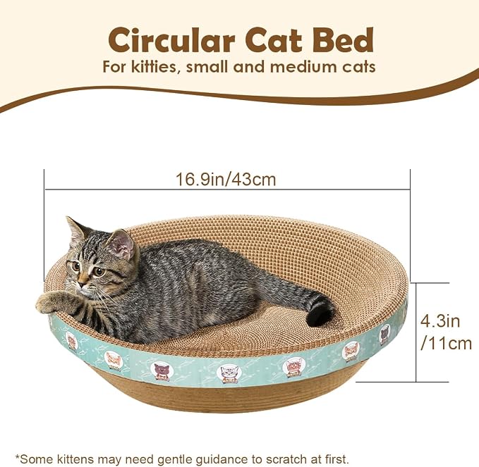 Large Cat Scratcher Bed, 16.9" x 16.9" x 3.9" Cat Scratch Cardboard with 2‑in‑1 Design, Scratching Board Pad for Indoor Cats Kitty Kittens, Scratch Bowl Lounge House Couch, Furniture Protector, Round