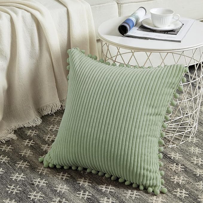 Fancy Homi Pack of 2 Sage Green Decorative Throw Pillow Covers 22x22 Inch with Pom-poms, Soft Corduroy Solid Square Cushion Case for Couch Sofa Bedroom Car Living Room 55x55 cm