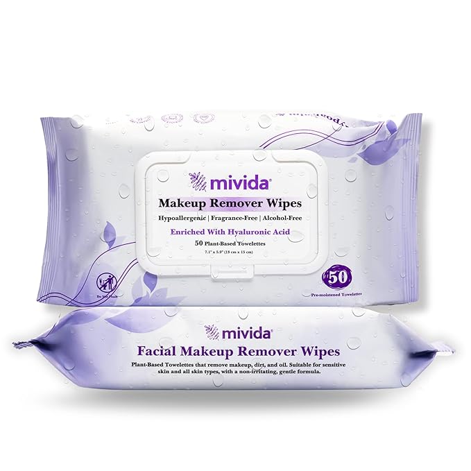 mivida Hypoallergenic Makeup Remover Wipes with Hyaluronic Acid, Fragrance Free Makeup Wipes for Sensitive Skin, Plant-Based, Alcohol Free Facial Wipes Makeup Remover Convenient Twin Pack - 2x50 Count