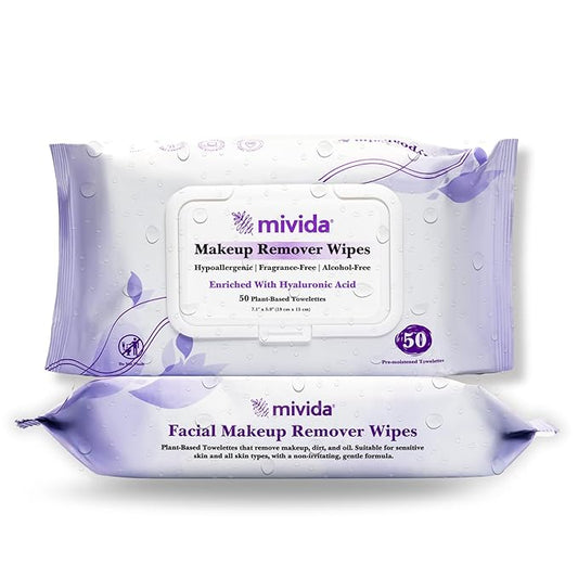 mivida Hypoallergenic Makeup Remover Wipes with Hyaluronic Acid, Fragrance Free Makeup Wipes for Sensitive Skin, Plant-Based, Alcohol Free Facial Wipes Makeup Remover Convenient Twin Pack - 2x50 Count