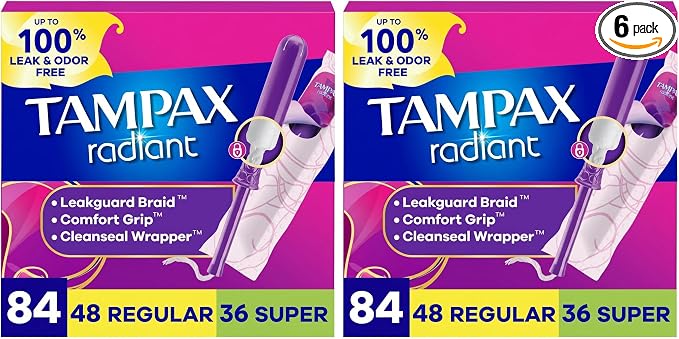 Tampax Radiant Tampons for Women Multipack,with LeakGuard Braid,Regular/Super Absorbency,Unscented,84 Count (Pack of 2)