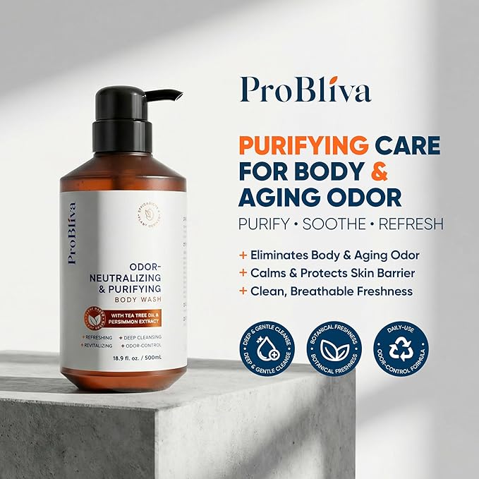 ProBliva Persimmon Body Wash for Aging Odor: Purifying & Deodorizing Body Wash for Older People Smell with Tea Tree Oil & Green Tea - Japanese Odor-Control Eliminator for Adults & Seniors - 33.8 fl.oz