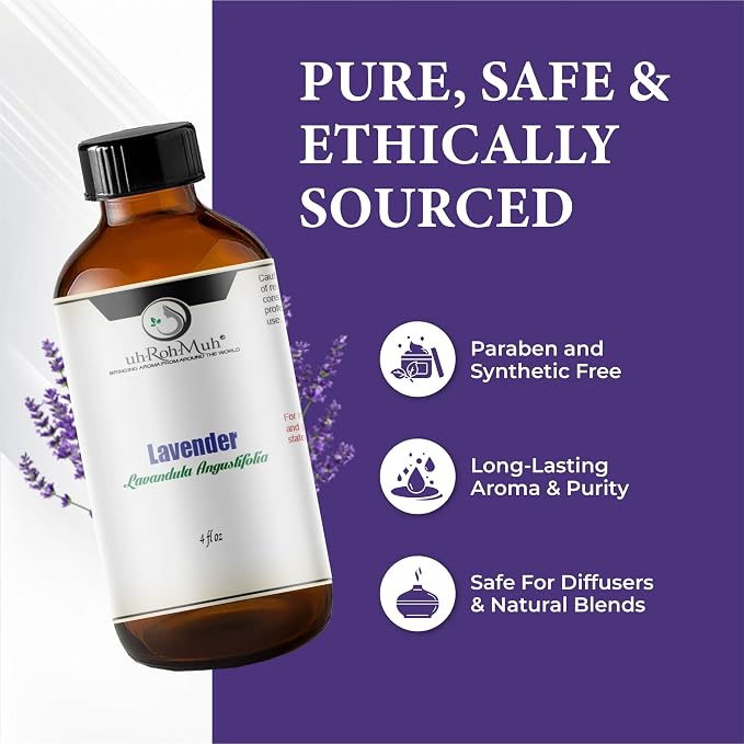 Organic Lavender Essential Oil - Steam Distilled Lavandula Angustifolia, Flower Oil, Premium Floral Aroma Middle Note Oil for Aromatherapy, Skincare, Haircare and DIY Cosmetic Formulations - 4 Fl oz