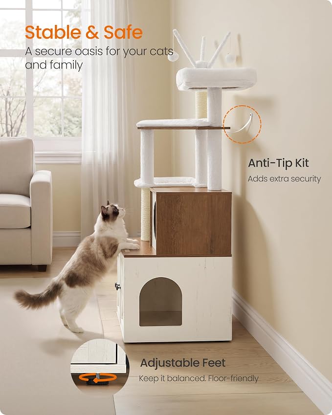 Feandrea Cat Tree with Litter Box Enclosure, 59-Inch Modern Cat Tower | 2-In-1 Condo with Scratching Posts, Washable Removable Cushion, Rustic White and Honey Brown UPCT113W201