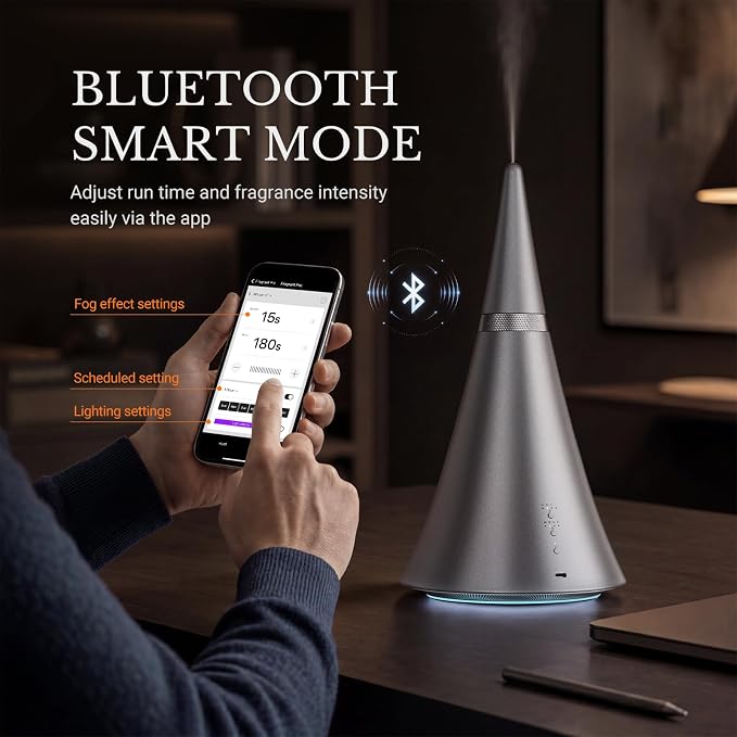 Waterless Diffuser, 2000 Sq.Ft Coverage，Essential Oil Diffuser with Bluetooth App Remote Control, Adjustable Mist Mode, Timer, Mood Lights Aromatherapy Diffuser for Home, Office, Hotel