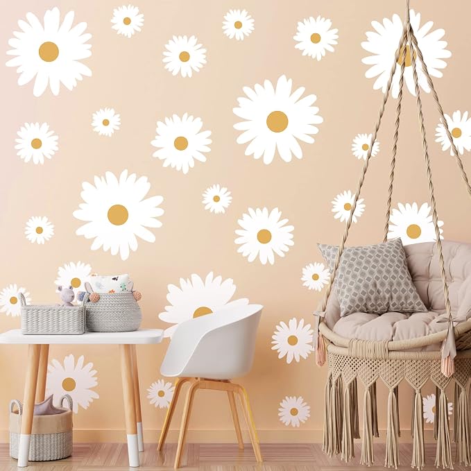 TaoBary 12 Sheet Daisy Wall Sticker Decal,White, Yellow,Multi Petal Style | Big Flower Wall Sticker, Pink White Floral Decal, Daisy Bedroom Room Decor, Removable Peel and Stick, Nursery Home Wall Decor