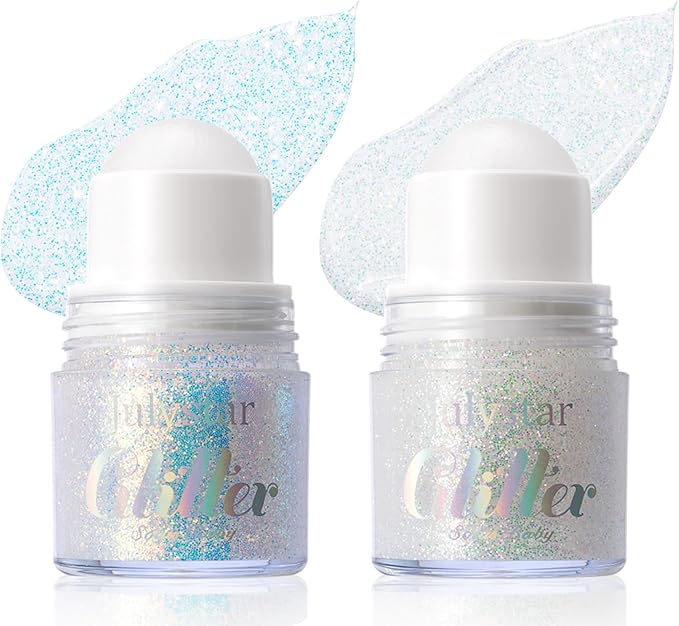 2 Colors Roll-on Body Glitter Gel, Holographic Glitter Gel Under Light for Face Hair, Body Shimmer for Rave Accessories Christmas New Year Halloween Makeup