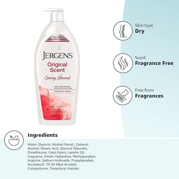 Jergens Original Scent Dry Skin Lotion, Body and Hand Moisturizer for Long Lasting Skin Hydration, with HYDRALUCENCE blend and Cherry Almond Essence, 32 Ounce (Pack of 2)
