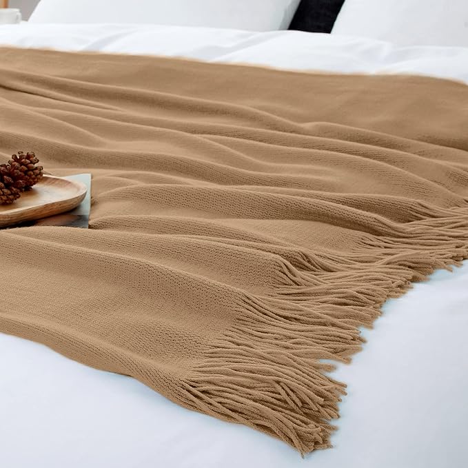 Vonty Light Brown Knitted Blanket with Tassels Fringe 50" x 60", Super Soft Knit Throw Blanket, Farmhouse Decorative Lightweight Blanket for Couch, Sofa, Bed | Super Soft And Lightweight, Year-Round Cozy Warmth, Farmhouse Decorative Style, Machine Wash...