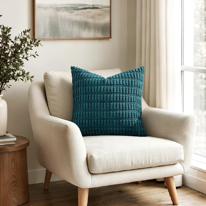 MIULEE Euro Sham Corduroy Decorative Throw Pillow Covers 24x24 Teal | Pack of 2 Soft Boho Striped Pillow Covers Modern Farmhouse Coastal Home Decor For Sofa Living Room Couch Bed