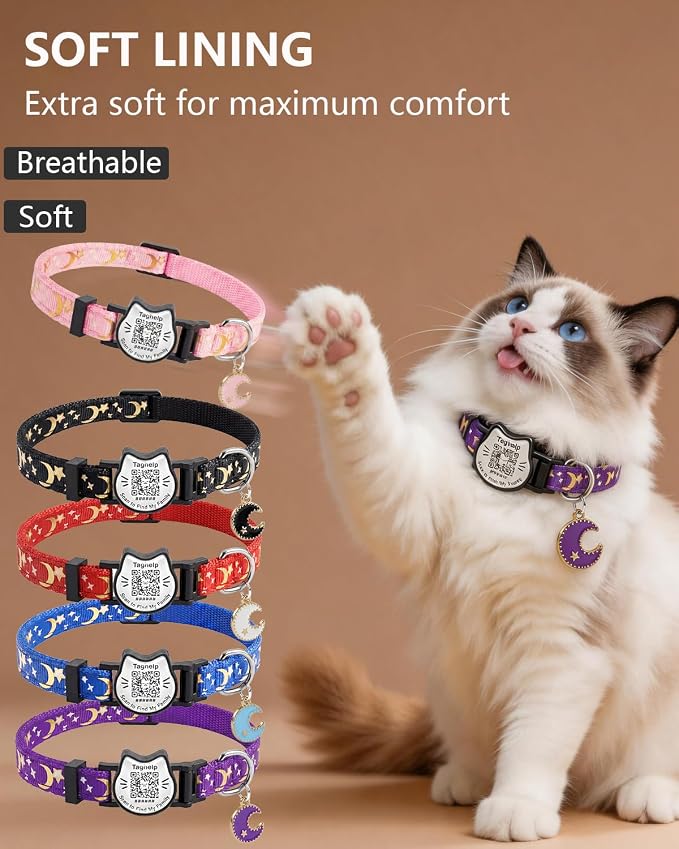 Stars and Moon Breakaway Cat Collars with Smart QR Code,Kitten Collar and Adjustable with Pendant Glow,Cute Kitty Collar for Girl Boy Cats,Pet Gifts,Accessories (Purple)