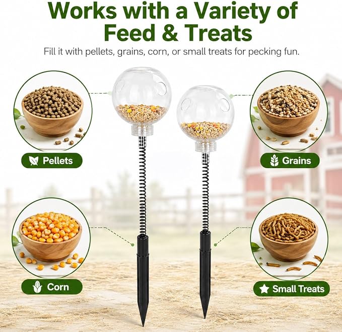 2 Pack Chicken Peck Toys, Chicken Slow Feeder Ball & Poultry Enrichment Toys, Interactive Treat Dispenser with Metal Spring & Plastic Ground Stake for Hens, Ducks, Backyard Coop Feeding