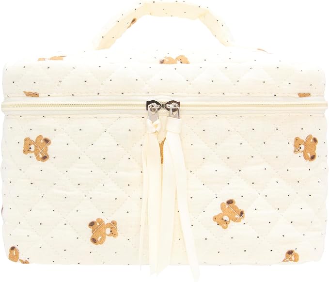 PAZIMIIK Quilted Makeup Bag Large Travel Zipper Soft Cosmetic Case for Women Girls Make Up,Gauze Bear