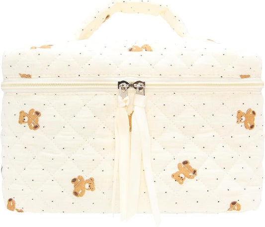 PAZIMIIK Quilted Makeup Bag Large Travel Zipper Soft Cosmetic Case for Women Girls Make Up,Gauze Bear