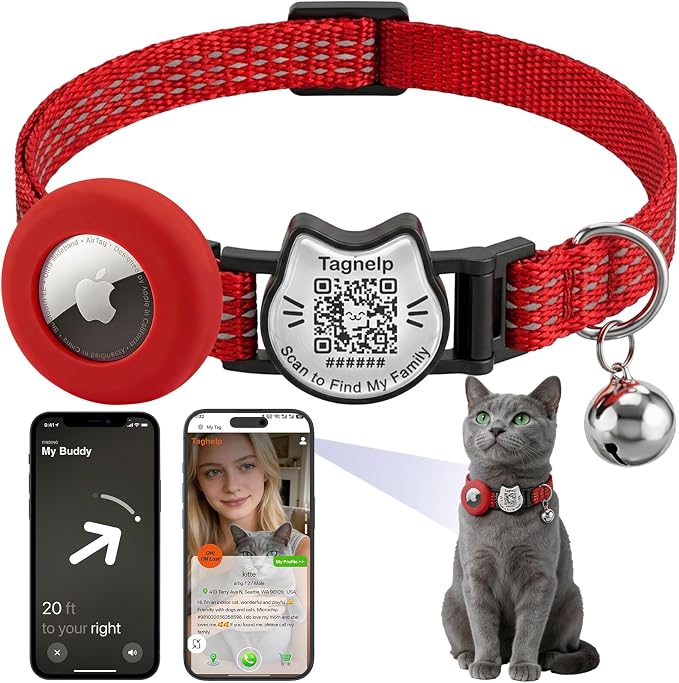 Cat Collar with AirTag Holder, QR Code Tag and Bell (Red, Dot Matrix)