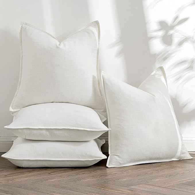 MIULEE Cream Boho Linen Decorative Pillow Covers 18x18 Inch Pack of 4 | Natural Throw Pillow Covers, Soft Farmhouse Couch Pillowcases, Modern Home Decors for Living Room Bed Sofa