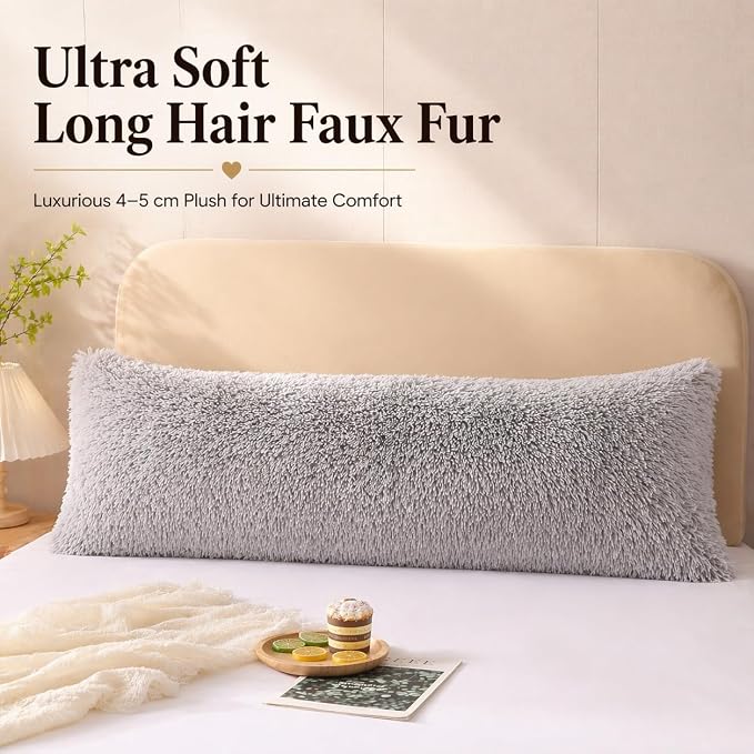 REAFORT Long Hair Faux Fur Body Pillow Cover 21"x54", Hidden Zipper (Gray) | Ultra-soft long hair faux fur with a hidden zipper offers luxurious comfort and is machine washable for easy care.
