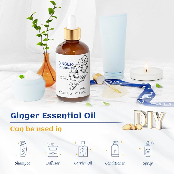 HIQILI 1 Fl Oz Ginger Oil, Ginger Essential Oil for Hair, Massage, Skin - 30ml | Warming Sensation for Body & Joint Comfort, Soothe Tired Muscles, Enjoy a Cozy Calming Space - 30mL / 1.01 fl.oz