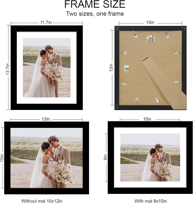 Hongkee 10x12 Picture Frame Set of 4, Made of Real Glass and Black Frame - Display Picture 8x10 with Mat or 10x12 Without Mat, 10 by 12 Photo for Wall Mounting