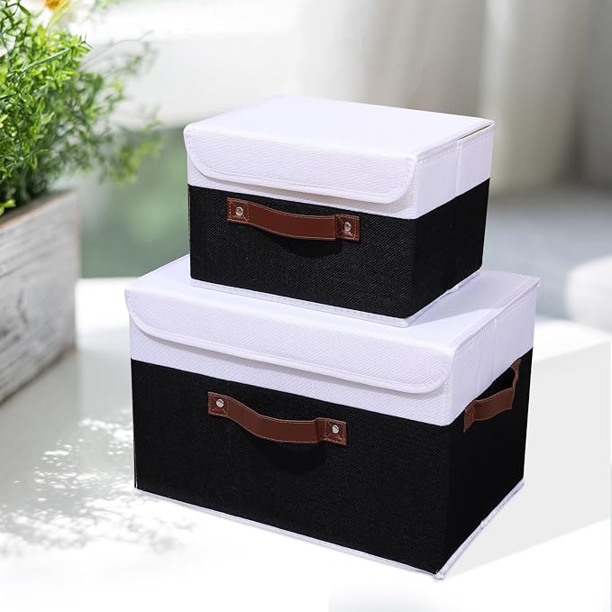 ANMINY Fabric Storage Box Bins with Lids, Black White, 13"x9"x7.9" | Keepsake Memory Storage, Cotton Linen, PP Board Reinforced, Washable, PU Handles, Foldable & Stackable, Decorative, Medium