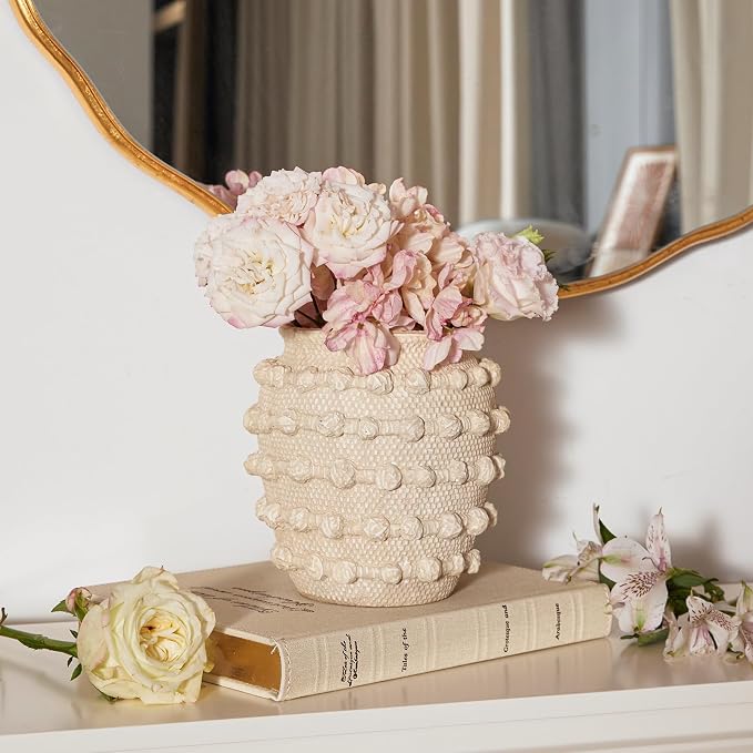 DN DECONATION Beige Flower Vase, 6.3" Farmhouse Boho Vase for Home Decor | Textured Rustic Small Vase, Cement Decorative Flower Vases with Rope Knots for Living Room, Table Centerpiece, Shelf, Mantel