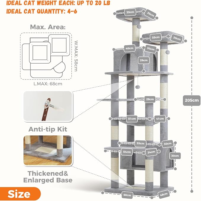 PAWZ Road XXL 81" Cat Tree Large Cats with Big Condos,Perches Sisal Posts | 20"x16" hammock for adult cats, tall cat tower with 7 scratching posts, dual perch and large condo for big maine cats