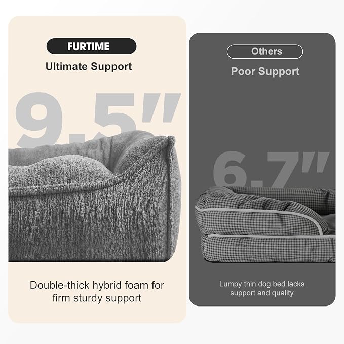 FURTIME XL Orthopedic Dog Bed Large Sized Dog, Extra Washable Dog Couch 42" | Supportive Thick Pet Sofa, Ergonomic Slant Dog Beds with Removable Cover, Ultra Soft Surface & Non-Slip Bottom, Light Grey