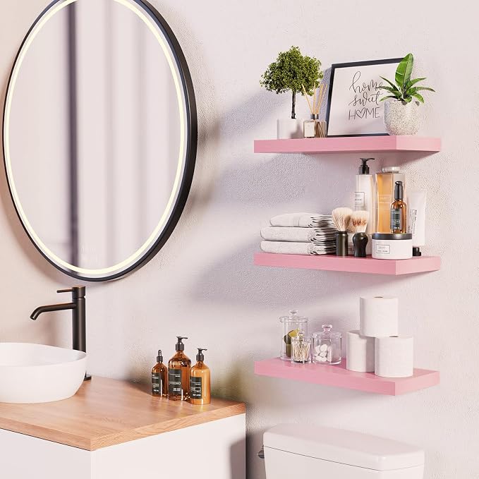 BAYKA Pink Floating Shelves 15.7in, Set of 3, Wall Mount Rustic Wood Shelf | 22lbs Max Load, Hidden Bracket, for Bathroom Bedroom Kitchen Display Storage Decor, Easy Install, Multi-Wall Compatible