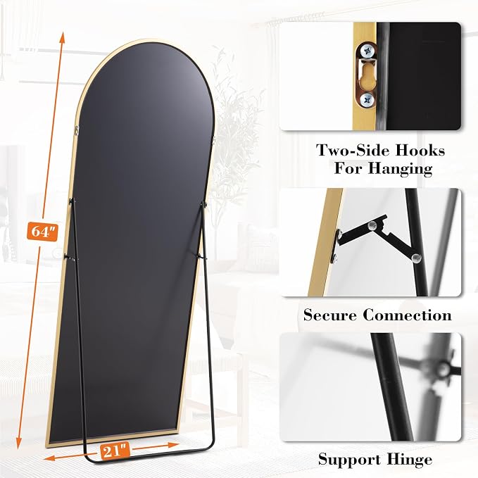 DUMOS 64"x21" Arched Full Length Floor Mirror, Full Body Mirror, Gold | Shatterproof Tempered Glass, Modern Aluminum Alloy Frame, Free Standing or Leaning for Home Decor