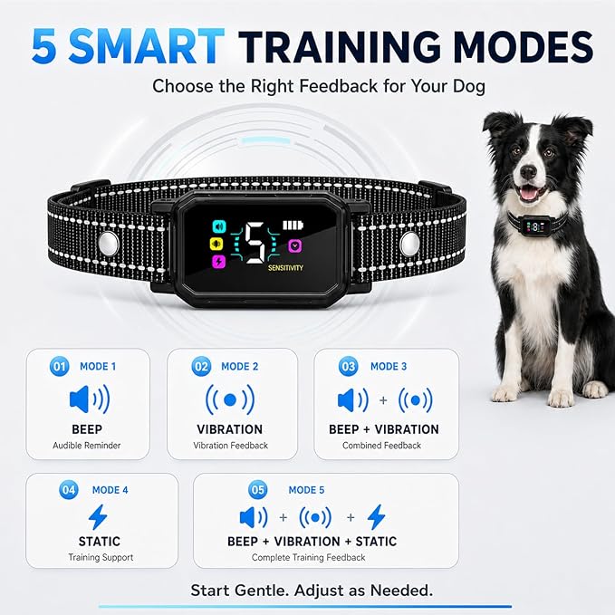 Dog Bark Control Collar for Large Medium Small Dogs 8-120 lbs, Smart Anti Barking Device with 5 Training Modes, Adjustable Sensitivity, Beep Vibration Static, Color: Midnight Black