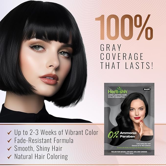 Herbishh Travel Pack Hair Dye Color Shampoo in Sachet + 1pc Argan Hair Mask Sachet (Black, 2 sachets)